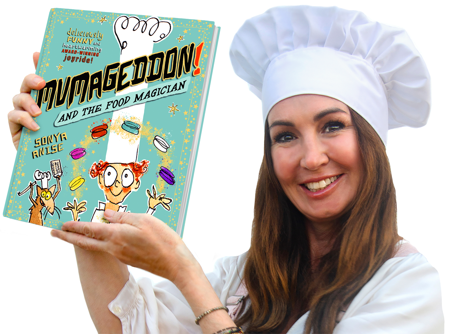 Sonya Anise in a chef's hat holding her book titled 'Mumageddon! and the Food Magician' against a white background